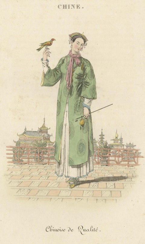 Old Print of a Chinese Lady Holding a Bird in Front of a Pagoda in China, c.1820, close-up 1