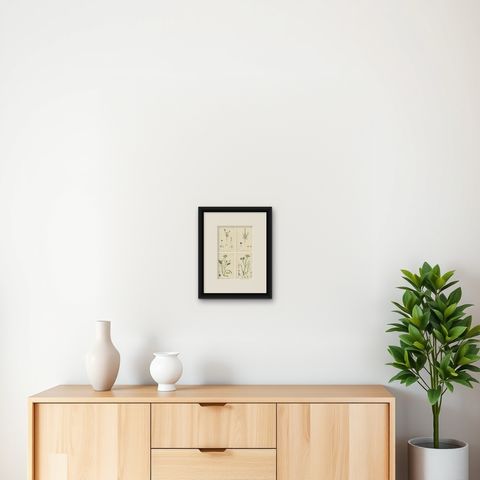 Antique English Botanical Interior Prints, Hare’s-ear & Water Dropwort, 1902, shown framed on a wall