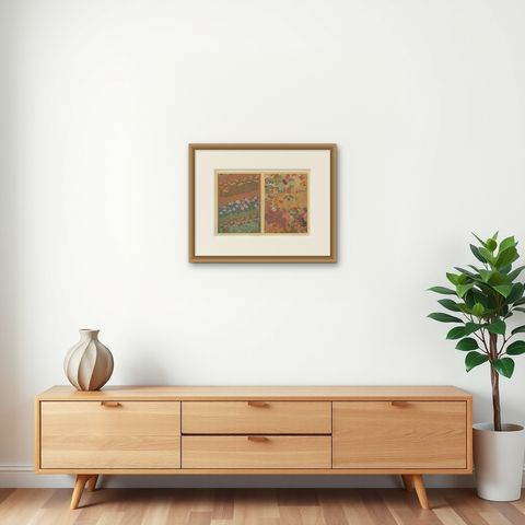 Japanese Garden Flowers in Bloom: Antique Lithograph, 1880s, shown framed on a wall