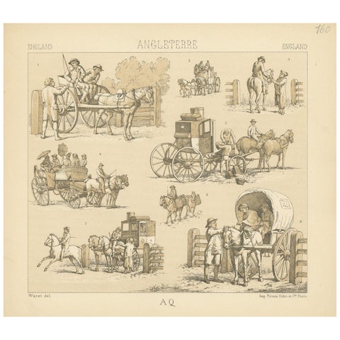 Pl. 160 Antique Print of English Horses and Carriages by Racinet, 'circa 1880'