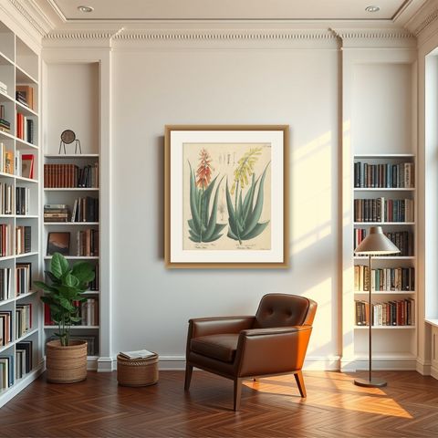 Antique Botanical Print of Aloe Socotrina & Aloe Vulgaris, c.1831, shown framed in a room