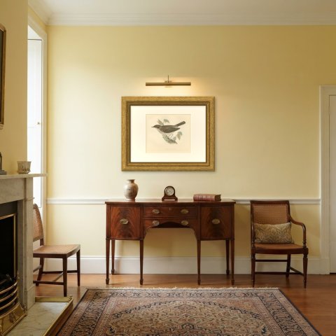 Thrush Nightingale on a Mossy Branch, Antique Morris Bird Print, 1896, shown framed in a room