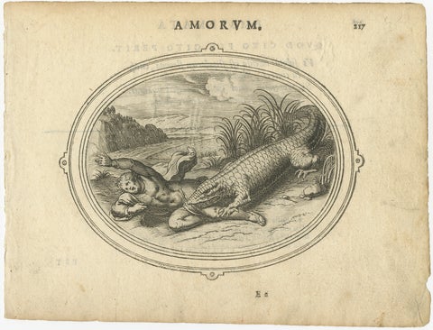 Rare Antique Print of A Cupid being Eaten by A Crocodile, ca. 1608, view 2