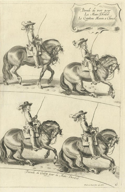 Decorative Antique Print of the Schooling of Horses in Galop, c.1740, close-up 2