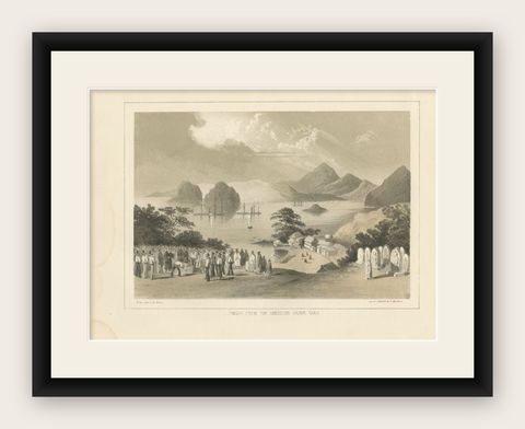 Original Old Print of the American Graveyard in Shimoda, Japan by Hawks, 1856, shown framed
