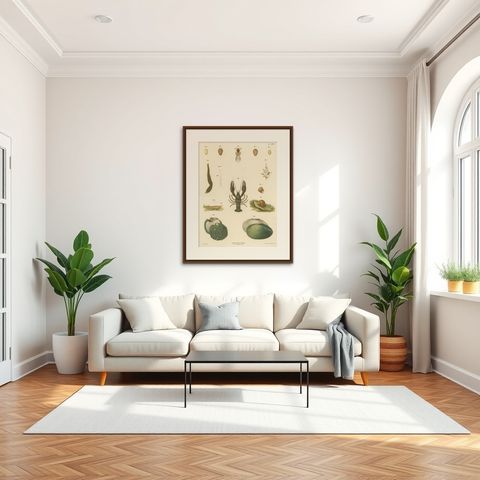 Large Antique Zoology Poster, Crayfish, Leeches, Snails, Insects c.1880, shown framed in a room