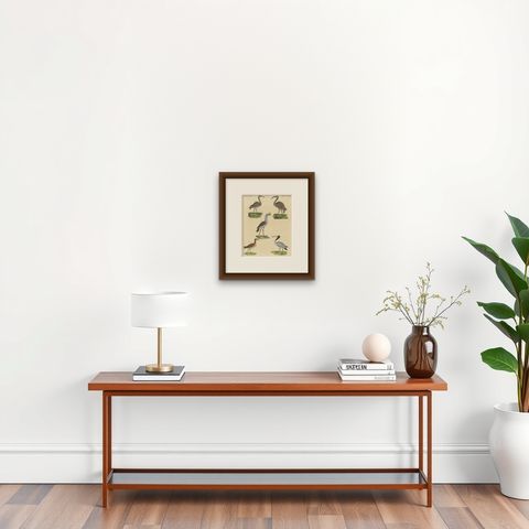 Antique Print of Various Birds Including the Eurasian Curlew, shown framed on a wall